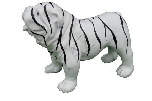 Decorative sculpture designed as white colored pug dog figure with black stripes 55cm length