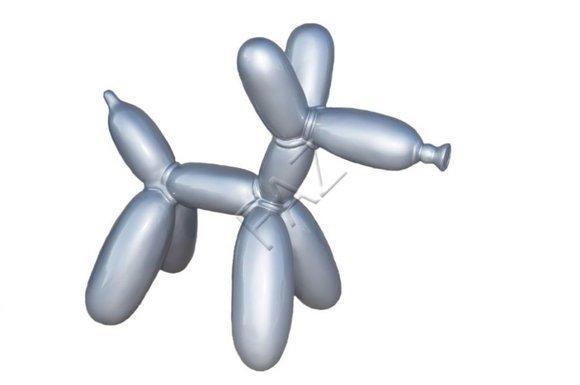 Full silver colored decorative garden sculpture designed as dog balloon figure