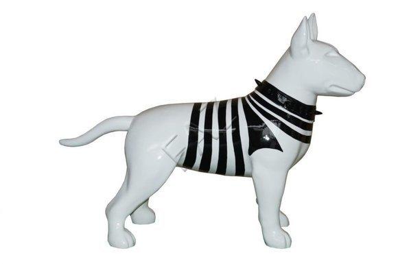 Decorative figure of full gloss white colored bull terrier sculpture in black stripes