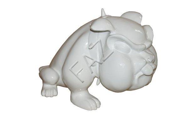 Decorative sculpture designed as full white colored gloss funny angry dog figure 23cm height