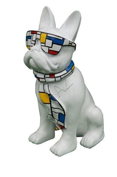 Decorative full white colored gloss puppy with multi colored scarf & glasses