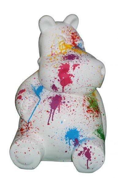 Decorative sculpture designed as sitting white colored hippo figure with colorful paints