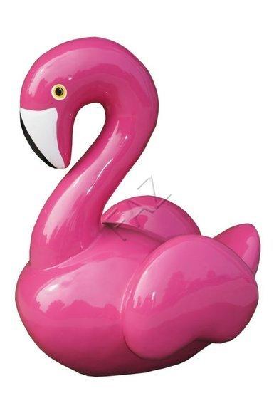 Decorative sculpture designed as gloss pink colored sitting flamingo figure