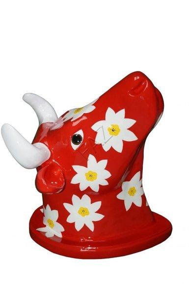 Decorative sculpture designed as gloss red colored cow head with flowers 75cm height