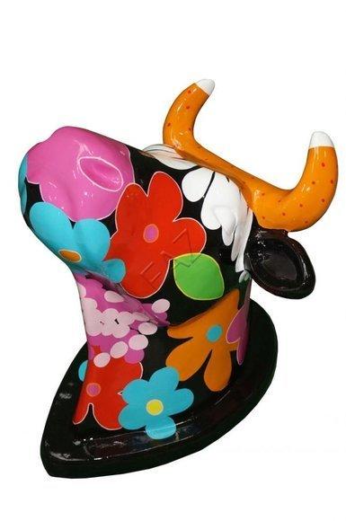 Decorative sculpture designed as gloss black cow head with colorful flowers 75cm height