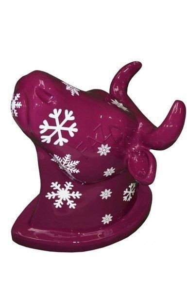 Decorative sculpture designed as gloss violet colored cow head figure with snowflake crystals 75cm height
