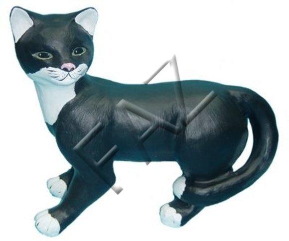 Motley black white colored cat figure with green eyes 39x46cm