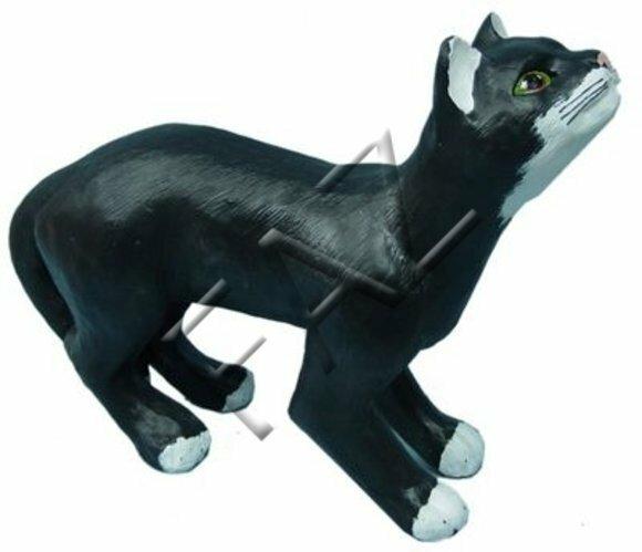 Motley black white colored decorative cat sculpture with green eyes 42x60cm
