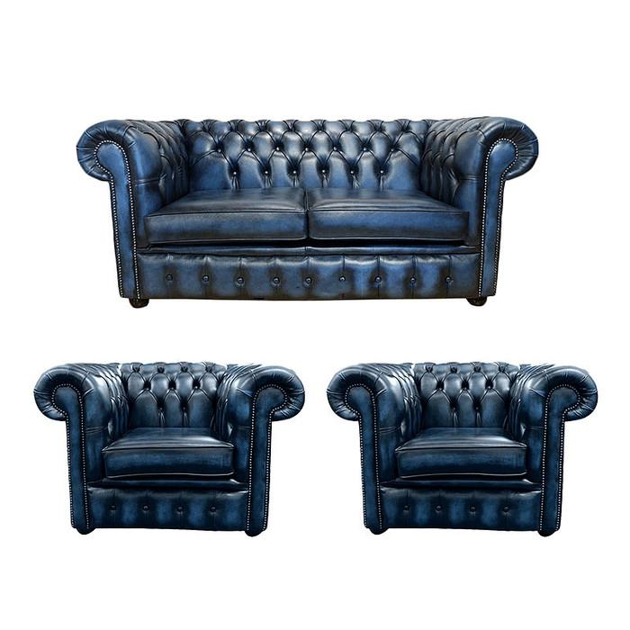 Chesterfield Classic Leather Sofa Set 2+1+1 Seaters Blue Faux Leather Comfortable Couches New