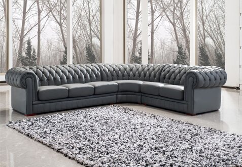 Chesterfield Corner Sofa L-Shaped Grey Faux Leather Upholstery Comfortable Living Room Couch New