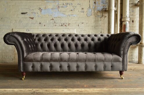 Chesterfield Sofa 3-Seater Dark Brown Textile Smooth Fabric Comfortable Couch on Casters New