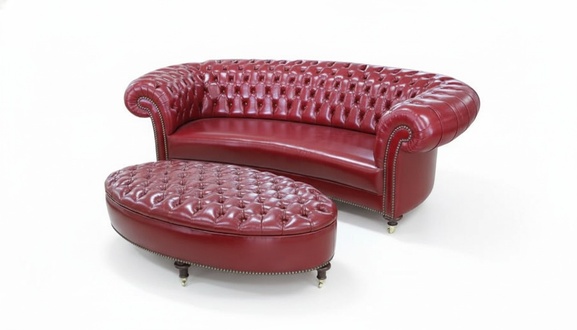 Chesterfield Luxurious Sofa Set 3-Seater + Stool Premium Faux Leather Red Cover Glossy New