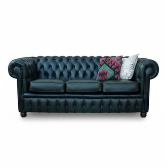Chesterfield Sofa 3-Seater Loveseat Classic Upholstered Faux Leather Dark Green Comfortable Couch with Cushions New