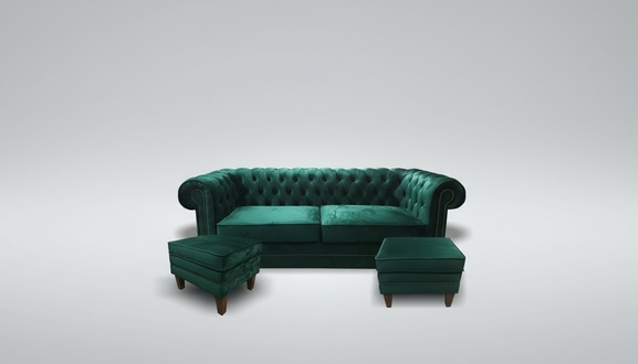 Sofa Set Chesterfield With Buttons 3-Seater + 2x Stools Emerald Green Textile Upholstery New