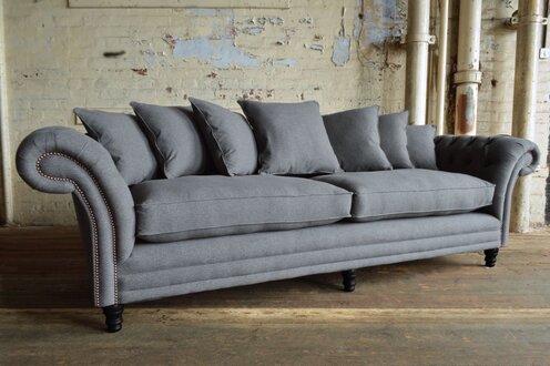 Chesterfield Sofa XXL 4-Seater Grey Textile Upholstery with Comfortable Cushions & Wooden Feet New