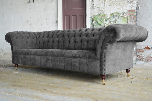 Chesterfield XXL Big Sofa 4-Seater Grey Textile Upholstered Comfortable With Casters New