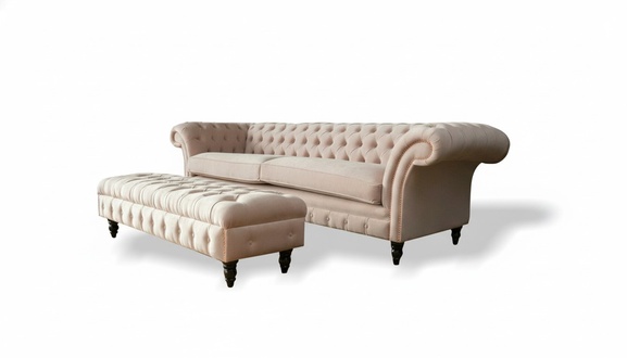 Chesterfield 4 seater stool pink textile living room set sofa luxury modern 2 pieces.