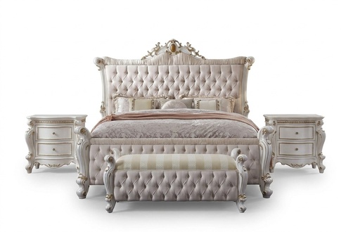 Classic rococo style bedroom set of chesterfield design double bed & 2x-bedside tables