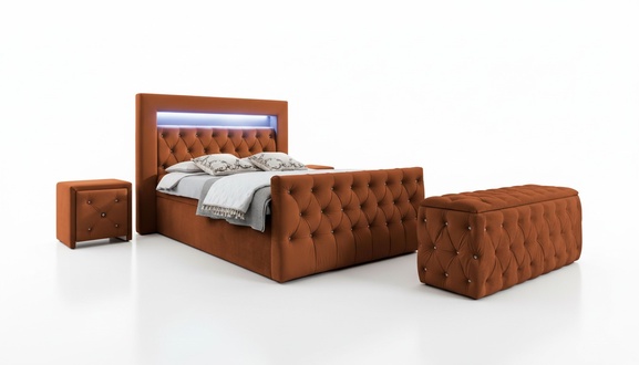 Chesterfield bedroom set textile bed 2x wooden bedside tables stools