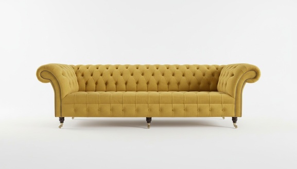 Chesterfield Sofa 4-Seater Yellow Textile Upholstered Comfortable XXL Couch on Casters New