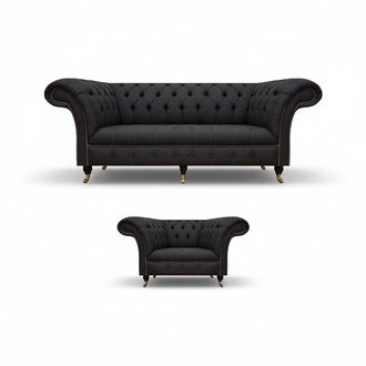 Chesterfield Black Fabric Upholstery Designer 3-Seater Armchair 2-piece