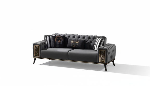 Chesterfield Black-Golden Three-Seater Living Room Luxury 3-Seater Furniture