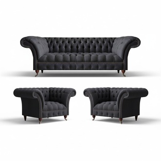 Chesterfield black seating set living room 3-seater couch 2x armchairs