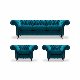 Chesterfield Blue Couches Upholstered Sofas Living Room Textile Seating Furniture 3-piece
