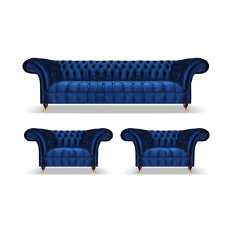 Chesterfield blue sofa set 3 pieces textile sofa three seats 2x armchairs living room