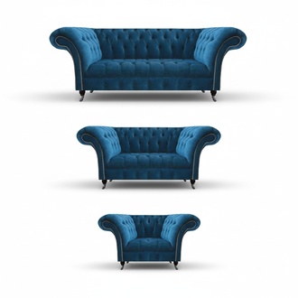 Chesterfield Blue Upholstered Living Room Sofa Set 3-Seater 3-Piece