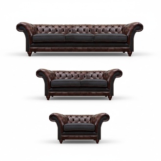 Chesterfield Brown-Grey Upholstery Leather Sofa Designer Complete 3-Piece Set