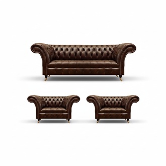 Chesterfield brown leather lounge suite 2x armchairs elegant 3-seater