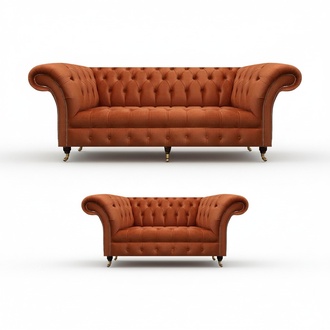 Chesterfield Brown Sofa Set Elegant Upholstered Couches Designer Set 2pcs