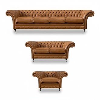 Chesterfield Brown Sofas Complete 4+2+1 Seater Living Room Sofa Set