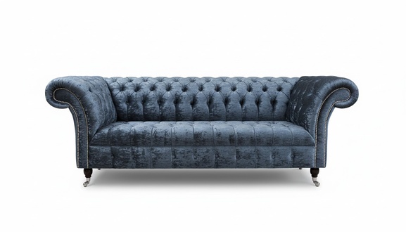 Chesterfield 3-Seater Sofa Textile Upholstered Dark Grey Comfortable on Castors New