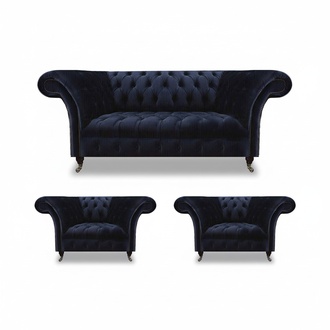Chesterfield Dark Blue Upholstered Living Room Furniture Sofa Set 3 pcs