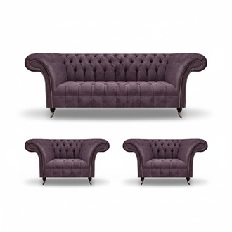 Chesterfield Dark Purple Sofa Set Three-Seater 2x Fabric Armchairs 3 Pieces