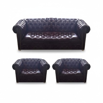 Chesterfield design luxury upholstered sofa couch seat set 2x armchair leather