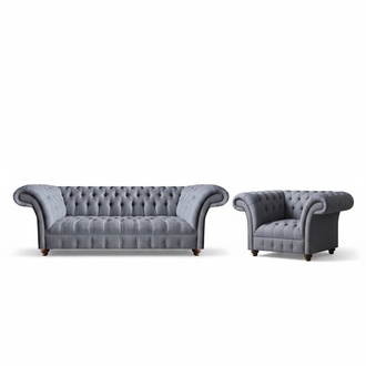 Chesterfield Designer Gray Upholstered Furniture Modern Fabric Sofas 2-piece set