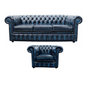 Chesterfield Sofa 3+1 Seaters Dark Blue Faux Leather Upholstered Comfortable Couches New