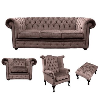 Buy Chesterfield Sofa Set 3+1 Seaters + Wing Back Armchair + Stool Textile Beige Brown New