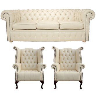Chesterfield Sofa Set 3-Seater + 2x Wing Chairs Upholstered Light Beige Premium Faux Leather New