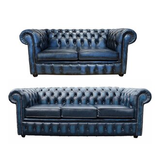 Premium Chesterfield Sofa Set 3+2 Seaters Upholstered Faux Leather Dark Blue Comfortable Couches