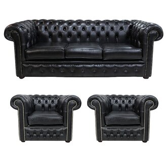 Chesterfield 3-piece Sofa Set 3+1+1 Seaters Black Faux Leather Upholstered Luxurious Classic Design Comfortable New