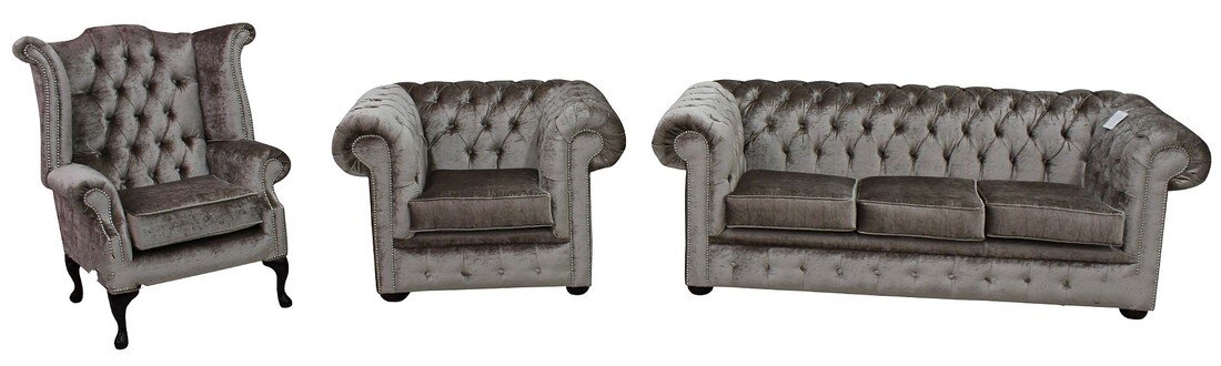 Chesterfield Sofa Set 3+1 Seaters + Wing Chair Textile Grey Comfortable Couches New