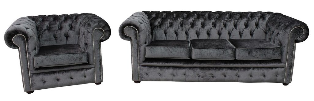 Sofa Set 3+1 Seaters Chesterfield With Buttons Grey Textile Comfortable Couches With Cushions
