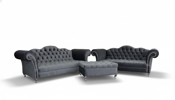 Chesterfield XXL Sofa Set 4+3-Seaters + Stool Upholstered Premium Faux Leather Black Grey New