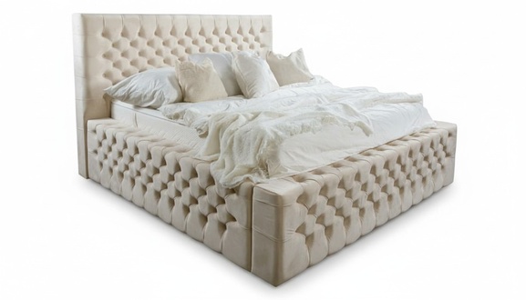 Chesterfield Doppelbett Schlafzimmer Beige Leder Samt Stoff