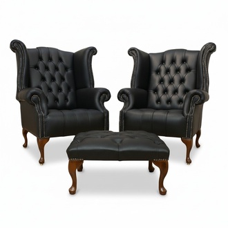 Chesterfield wing chair 2x + stool leather sofa set set upholstery couch sofas