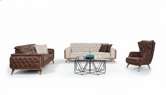 Chesterfield faux leather set Modern three-seater designer armchair 3 pieces